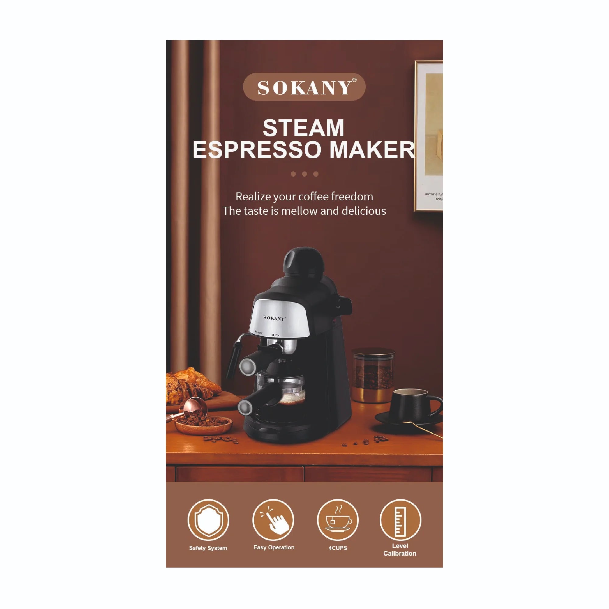 SOKANY Steam Espresso Maker Coffee Machine 800W with Safety Valve (Model SK-6810)