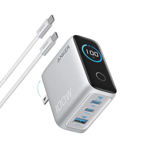 Anker 100W 3-Port USB-C Charger with Smart Display & USB-C Cable - Silver