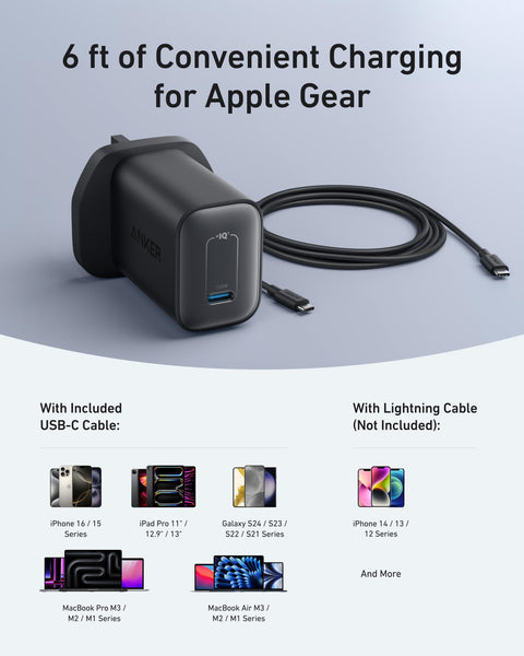 شاحن أنكر نانو 100 واط GaN – شاحن سريع مدمج USB-C مع كابل بطول 6 أقدام