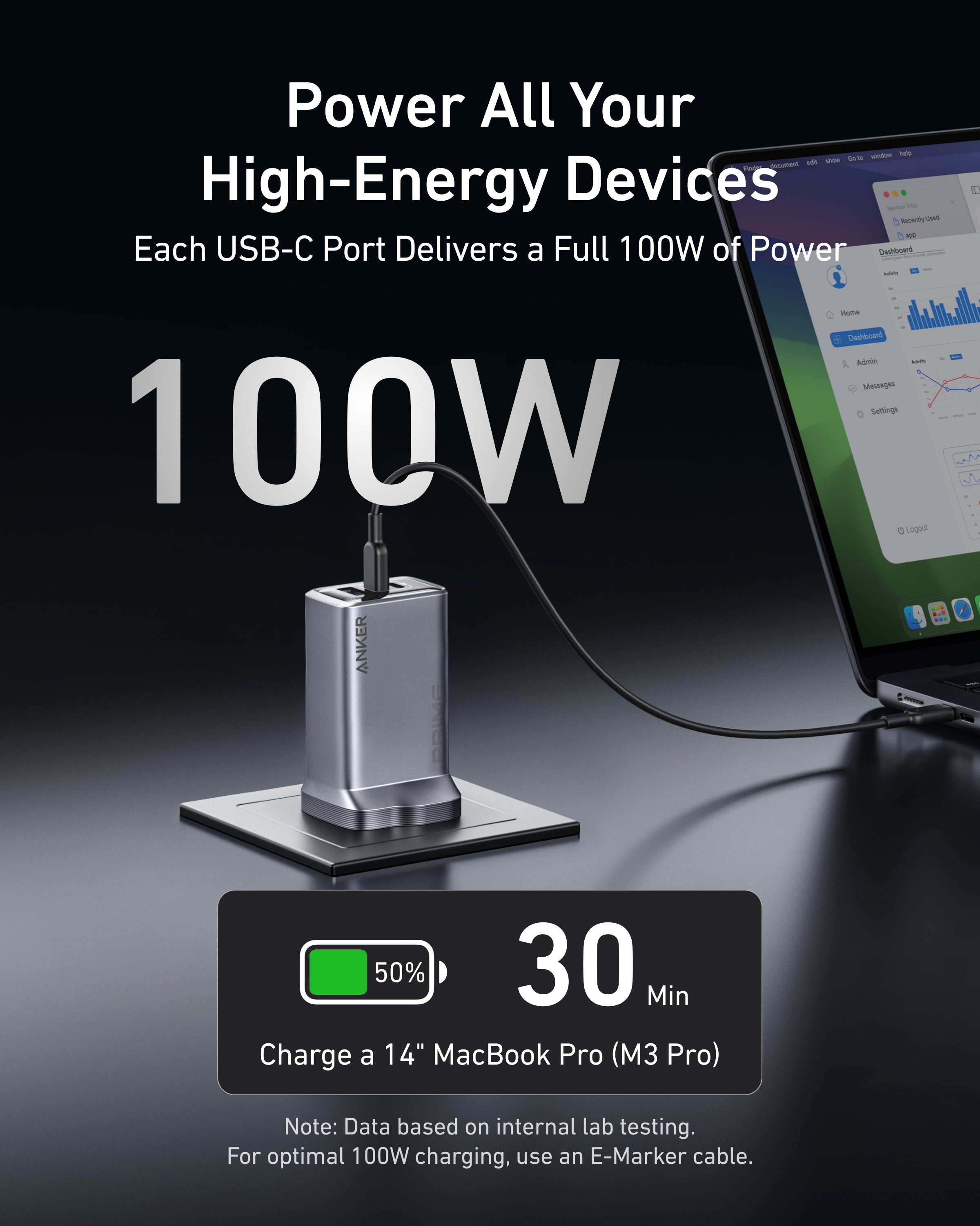 Anker Prime 100W GaN Charger – 3-Port (2x USB-C, 1x USB-A), Silver