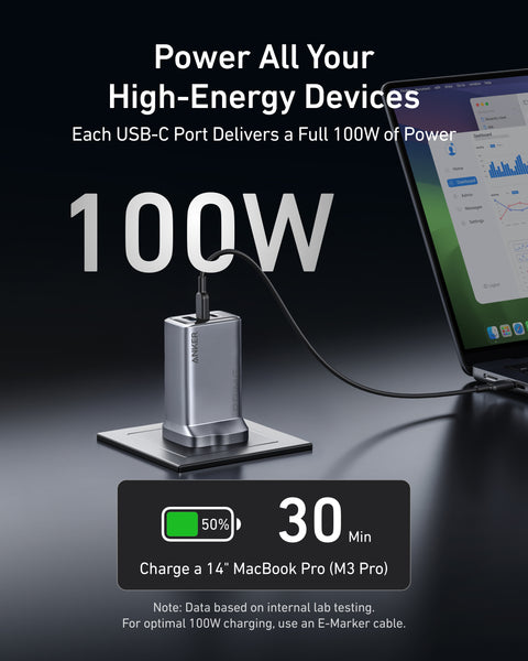 Anker Prime 100W GaN Charger – 3-Port (2x USB-C, 1x USB-A), Silver