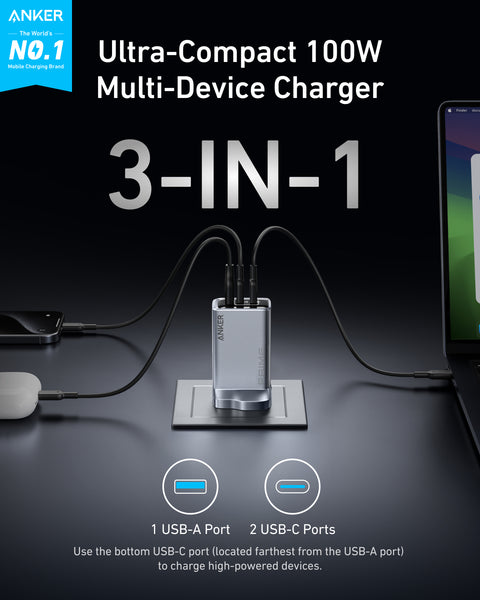 Anker Prime 100W GaN Charger – 3-Port (2x USB-C, 1x USB-A), Silver