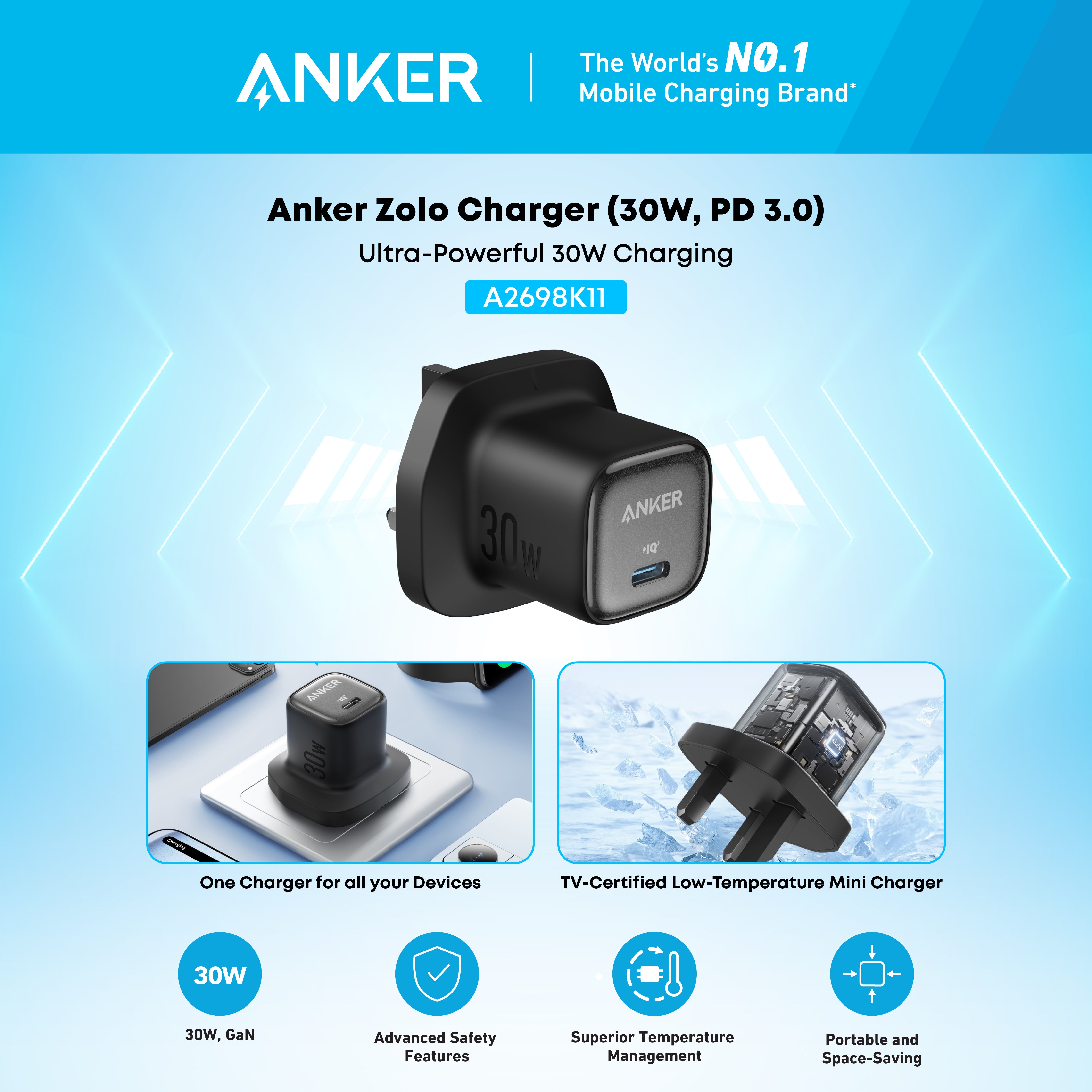 Anker Zolo Charger 30W PD 3.0 – Compact USB-C GaN II Fast Charger