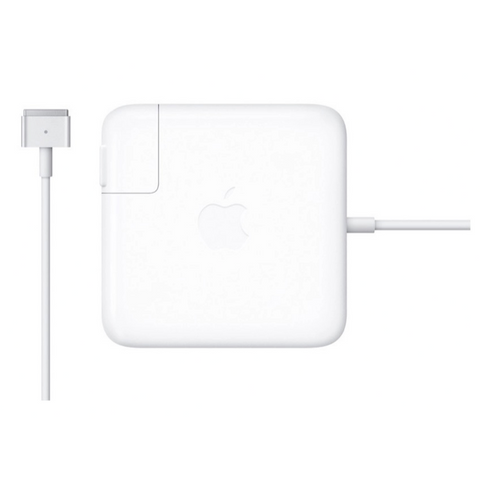 White Apple laptop power adapter on a white background