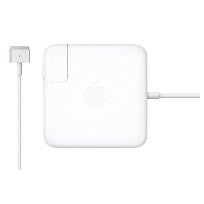 White Apple laptop power adapter on a white background