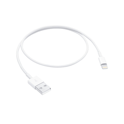 White USB cable with Lightning connector on a white background