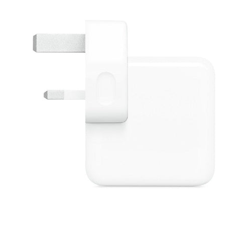 White USB-C power adapter on a white background