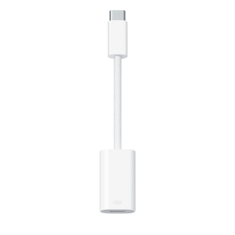 White USB-C to Lightning adapter on a white background