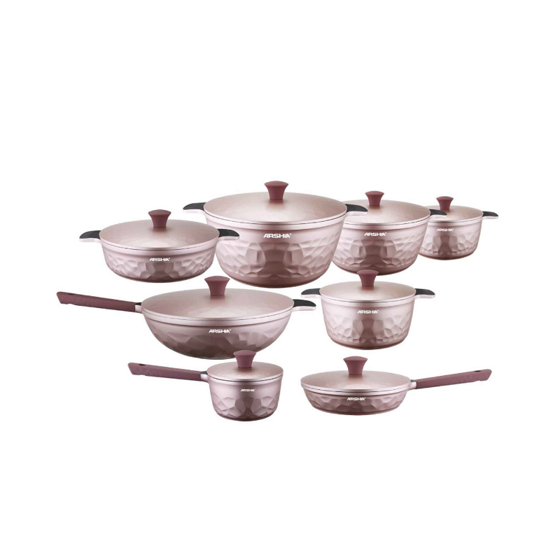Arshia CO110-3302, 16-Piece Pink Diamond Non-Stick Die-Cast Aluminium Cookware Set