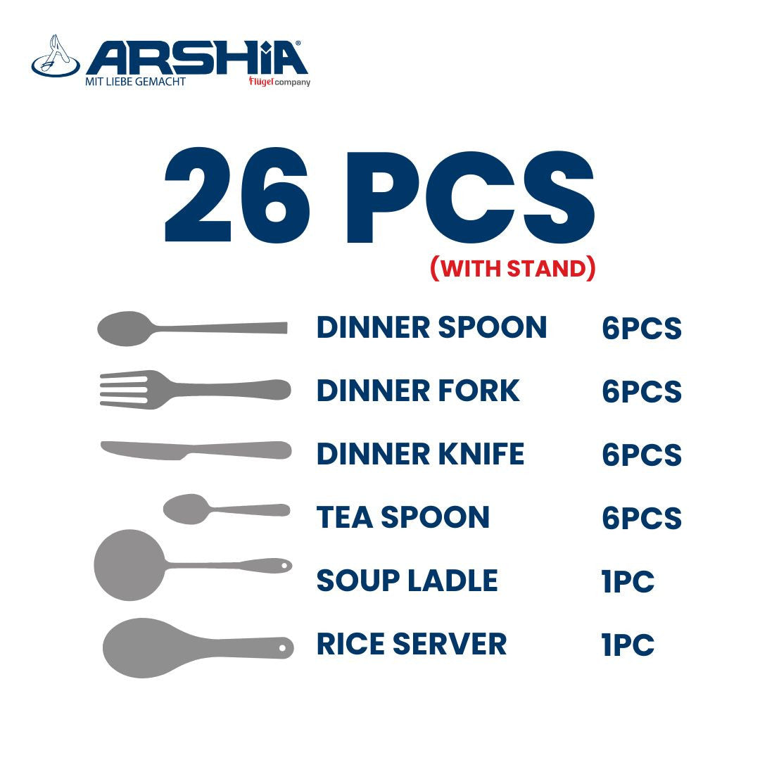 Arshia TM1401S-3481, 26-Piece Silver Cutlery Set With Stand – Premium Stainless Steel