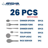 Arshia TM1401S-3481, 26-Piece Silver Cutlery Set With Stand – Premium Stainless Steel