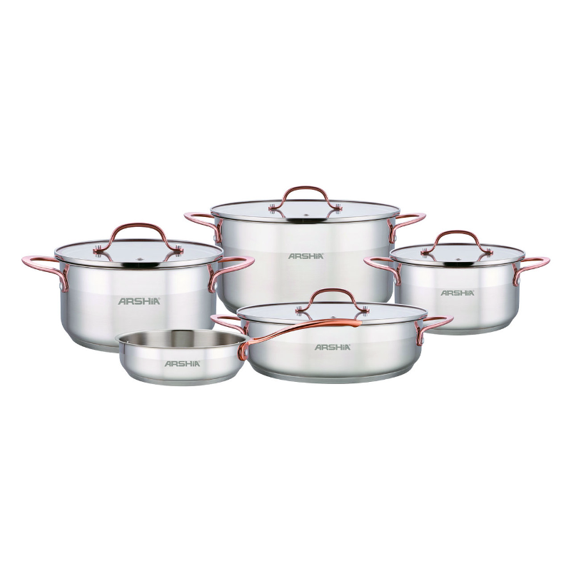 Arshia SS064-3175, 9-Piece Stainless Steel Cookware Set With Copper Handle