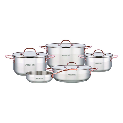 Arshia SS064-3175, 9-Piece Stainless Steel Cookware Set With Copper Handle