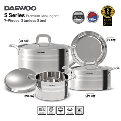 Daewoo 18/10 Stainless Steel Cookware Set of 7 Pcs (28, 24, 20 cm Pots, 24cm Pan) - Silver
