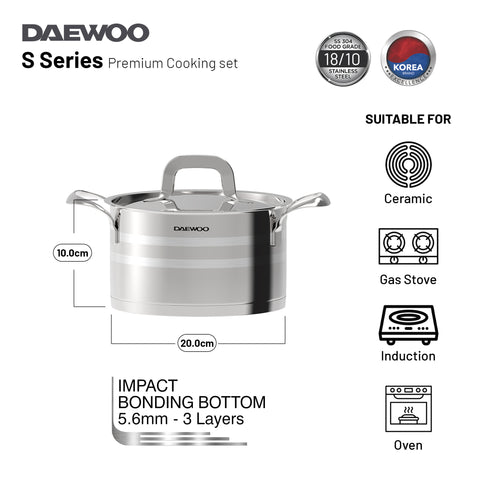 Daewoo 18/10 Stainless Steel Cookware Set of 7 Pcs (28, 24, 20 cm Pots, 24cm Pan) - Silver