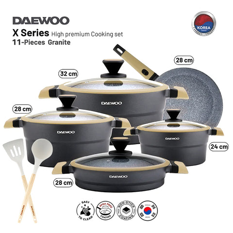 Daewoo X Series 11 Pcs Granite Cooking Set 32,28,24 cm Pot, 28 cm Pan, 28 cm Casserole, 2 Pcs of Utensil Tools - Black & Brown