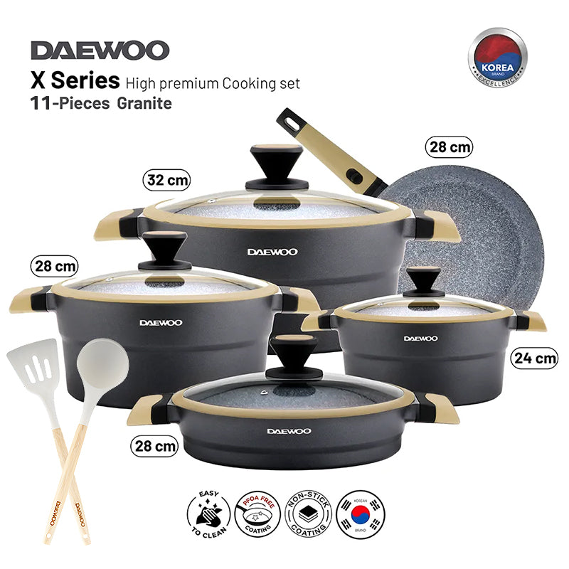 Daewoo X Series 11 Pcs Granite Cooking Set 32,28,24 cm Pot, 28 cm Pan, 28 cm Casserole, 2 Pcs of Utensil Tools - Black & Brown