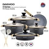 Daewoo X Series 11 Pcs Granite Cooking Set 32,28,24 cm Pot, 28 cm Pan, 28 cm Casserole, 2 Pcs of Utensil Tools - Black & Brown