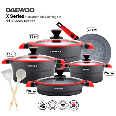 Daewoo X Series 11 Piece Granite Cooking Set (32,28,24 cm Pot, 28 cm Pan, 28 cm  Casserole), 2 Pcs of Utensil Tools - Black/Red