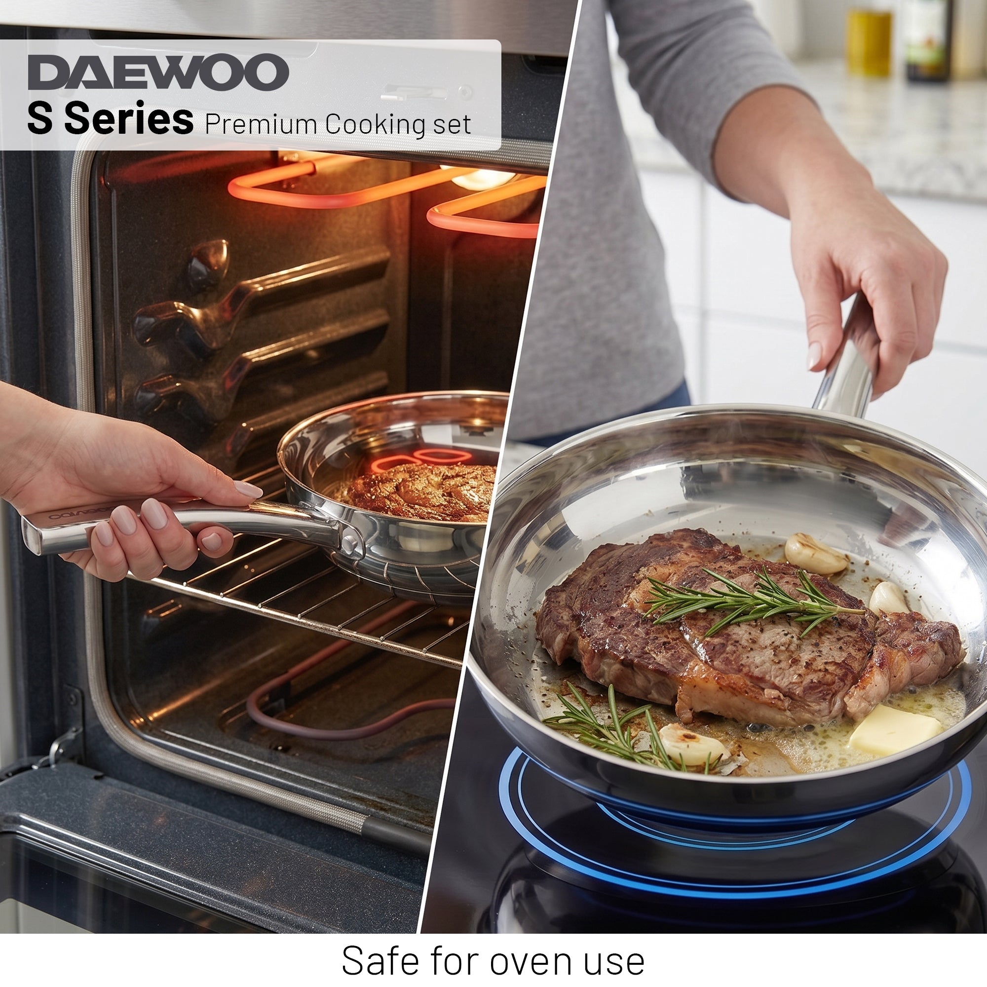 Daewoo 18/10 Stainless Steel Cookware Set of 7 Pcs (28, 24, 20 cm Pots, 24cm Pan) - Silver