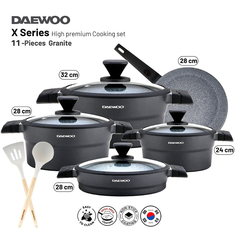 Daewoo X Series Non-Stick Granite Coating Cookware Set Of 11 pcs (32,28,24 cm Pot, 28 cm Pan, 28 cm  Casserole), 2 Pcs of Utensil Tools - Black