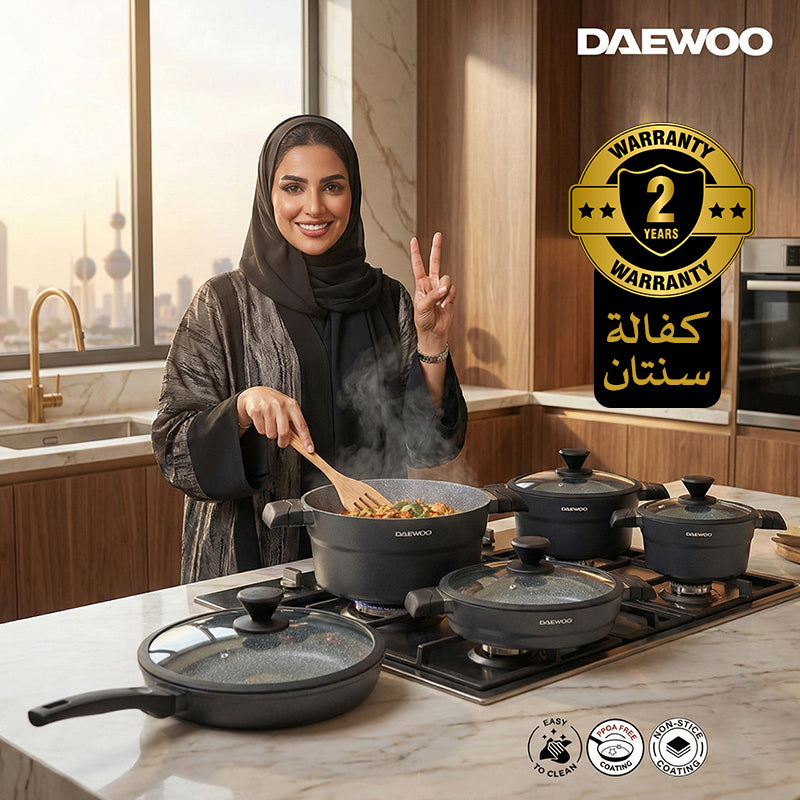 Daewoo X Series Non-Stick Granite Coating Cookware Set Of 11 pcs (32,28,24 cm Pot, 28 cm Pan, 28 cm  Casserole), 2 Pcs of Utensil Tools - Black