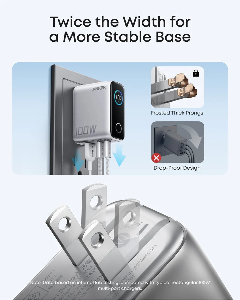 Anker 100W 3-Port USB-C Charger with Smart Display & USB-C Cable - Silver