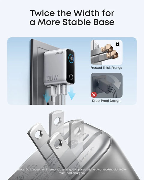 Anker 100W 3-Port USB-C Charger with Smart Display & USB-C Cable - Silver