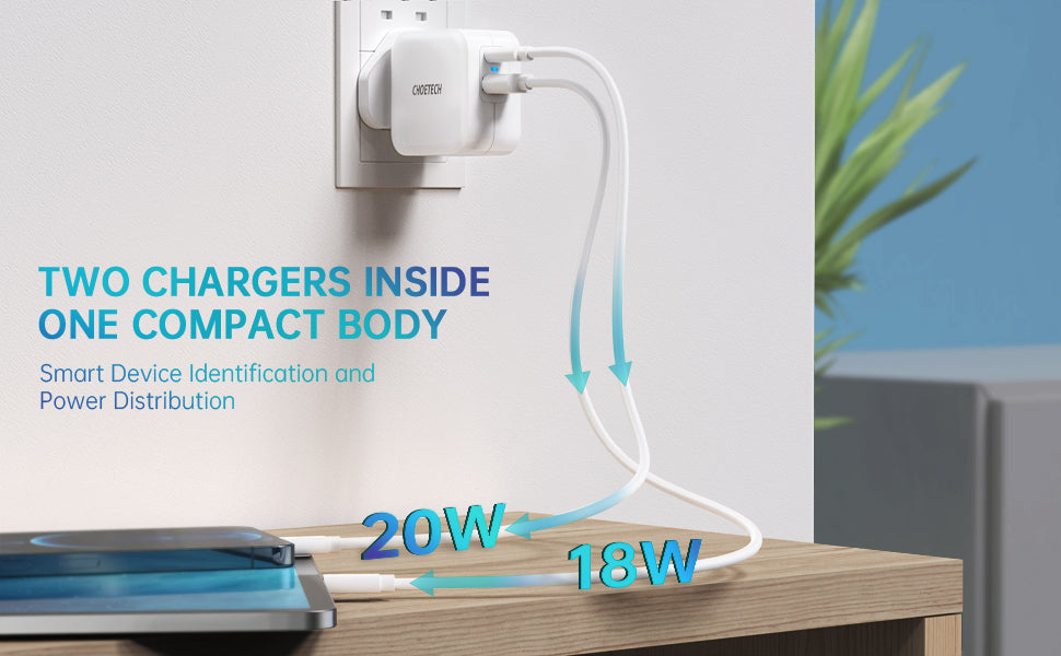 شاحن Choetech 38 وات بمنفذ USB C + USB A مزدوج - أبيض