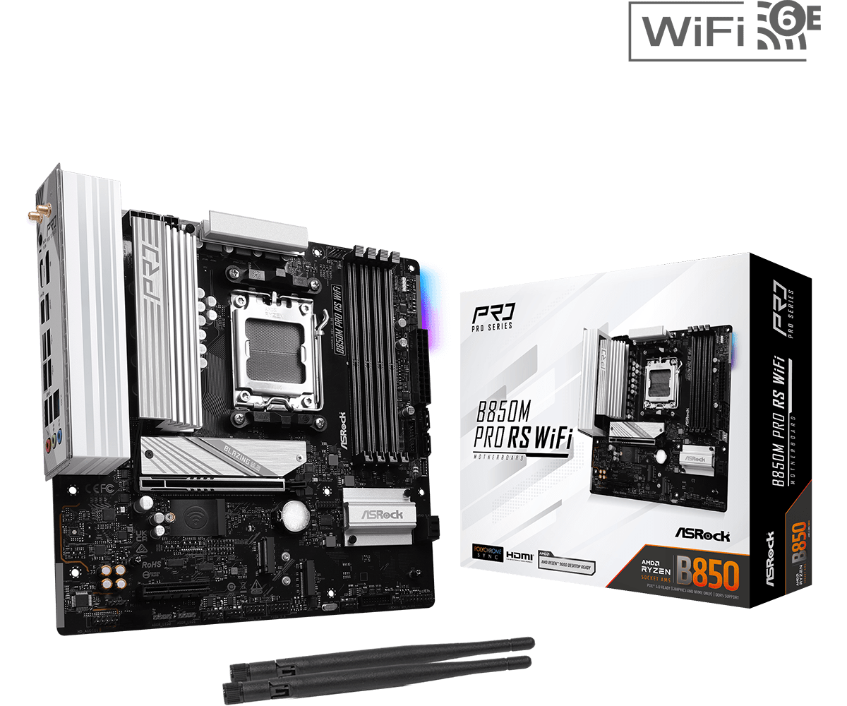 ASRock B850M Pro RS WiFi - AMD AM5 Micro-ATX Motherboard, DDR5, WiFi 6E, PCIe 5.0