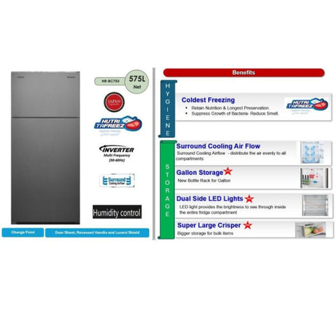 Panasonic Double Door Refrigerator, 575 Liters, NR-BC753VSKW – Silver