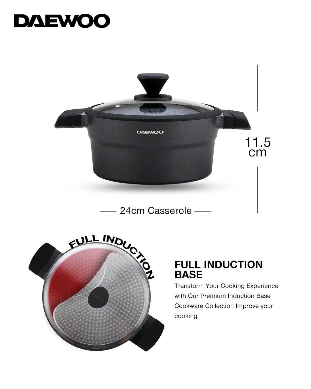 Daewoo 24cm Die-Cast Aluminum Pot, Non-Stick Granite Coating, Full Induction Base, Handle – Silicone Grip with Soft-Touch Bakelite Core, Silicone Utensils & Pot Protectors ,black-gray, Chemical-Free.