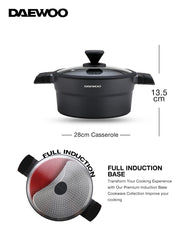 Daewoo 28cm Die-Cast Aluminum Pot, Non-Stick Granite Coating, Full Induction Base,  Handle – Dual-Color Silicone Grip with Soft-Touch Bakelite Core, Silicone Utensils & Pot Protectors, black-gray, Chemical-Free