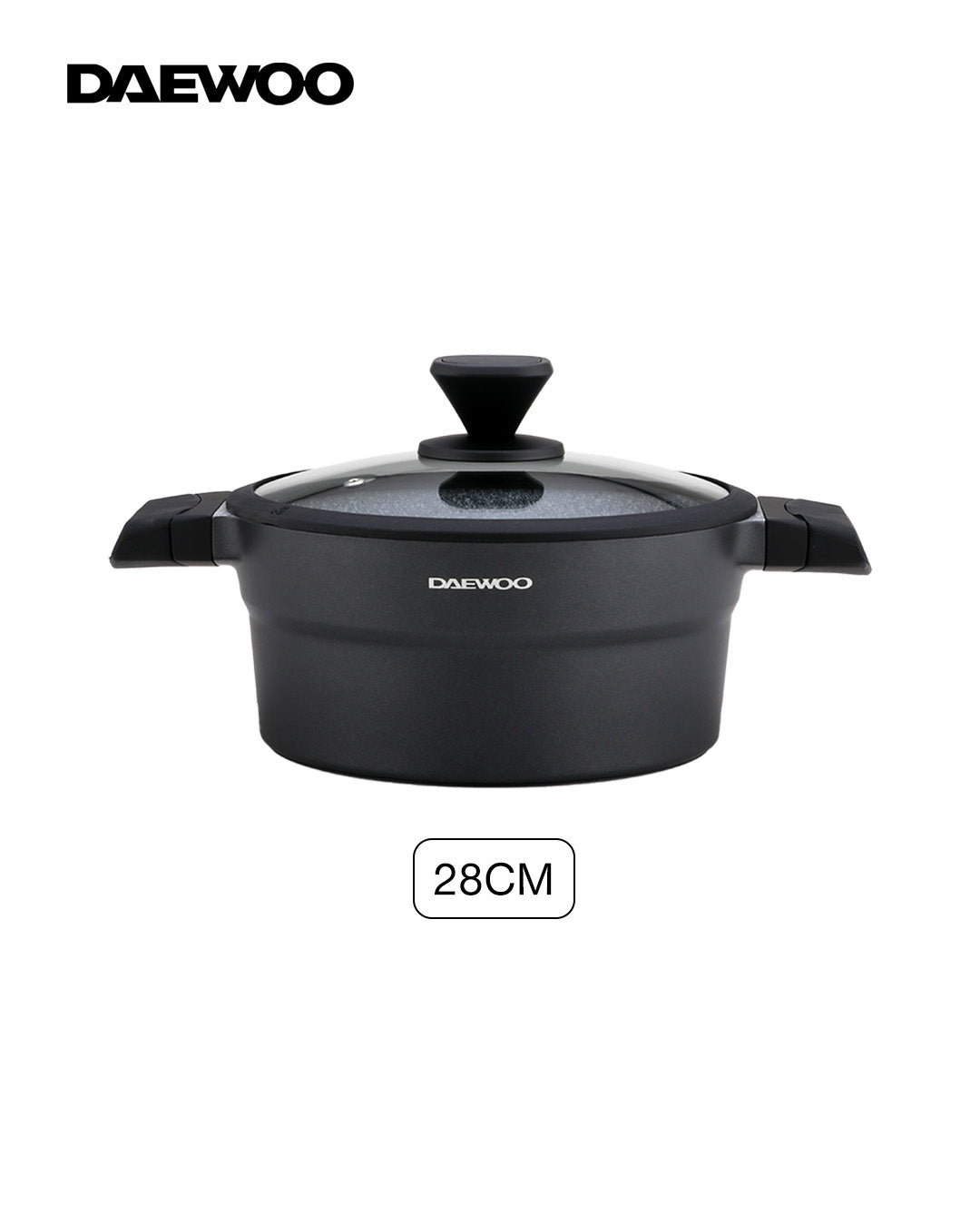 Daewoo 28cm Die-Cast Aluminum Pot, Non-Stick Granite Coating, Full Induction Base,  Handle – Dual-Color Silicone Grip with Soft-Touch Bakelite Core, Silicone Utensils & Pot Protectors, black-gray, Chemical-Free
