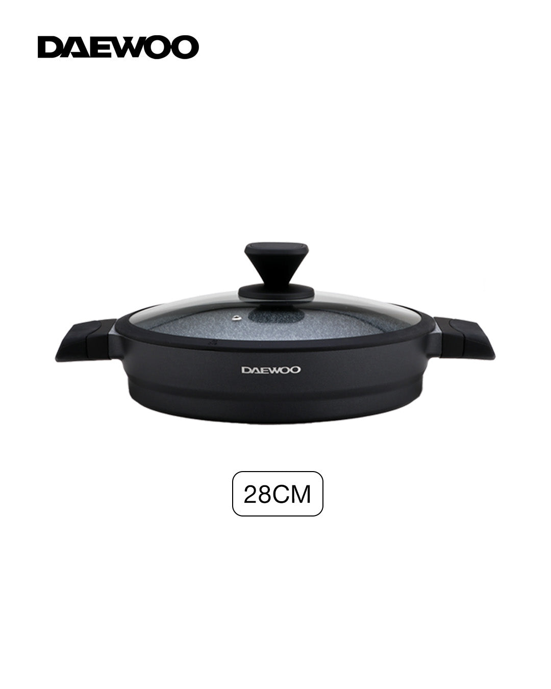 Daewoo 28 cm Die-Cast Aluminum Shallow Casserole with Lid, Non-Stick Granite Coating, Full Induction Base, Handle – Dual-Color Silicone Grip with Soft-Touch Bakelite Core, Silicone Utensils & Pot Protectors, black-gray, Chemical-Free