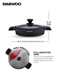 Daewoo 28 cm Die-Cast Aluminum Shallow Casserole with Lid, Non-Stick Granite Coating, Full Induction Base, Handle – Dual-Color Silicone Grip with Soft-Touch Bakelite Core, Silicone Utensils & Pot Protectors, black-gray, Chemical-Free