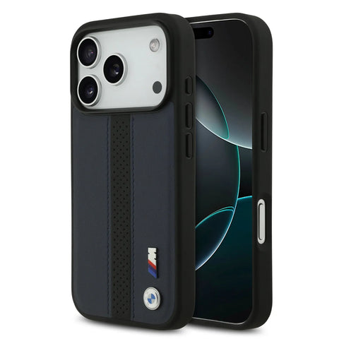 BMW, PU Leather Case with Perforated Stripes & Metal Logos, iPhone 17 Pro