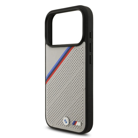 BMW, MagSafe PU Leather Case With Tricolor Slanted Stripes & Metal Logos, iPhone 17 Pro