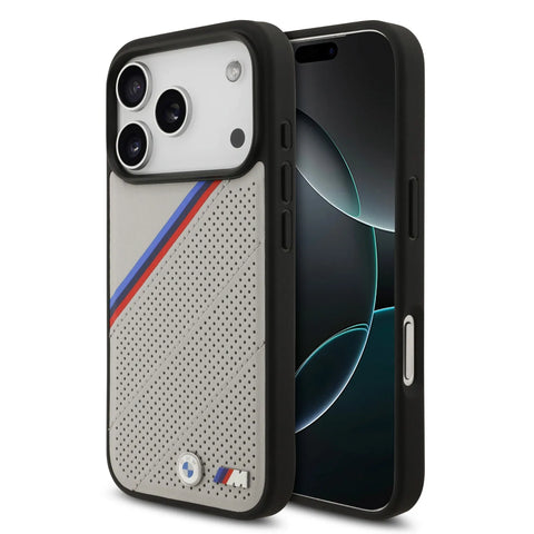 BMW, MagSafe PU Leather Case With Tricolor Slanted Stripes & Metal Logos, iPhone 17 Pro