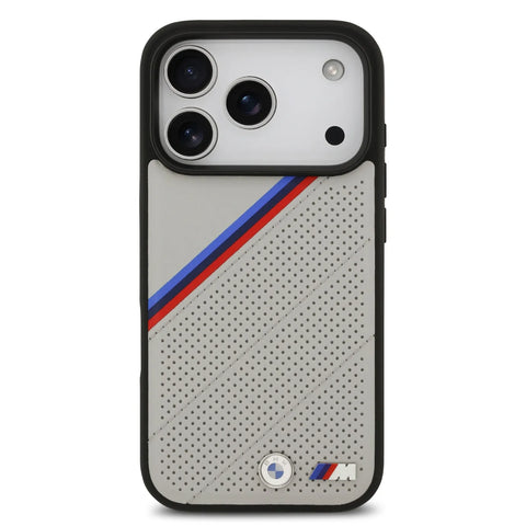 BMW, MagSafe PU Leather Case With Tricolor Slanted Stripes & Metal Logos, iPhone 17 Pro