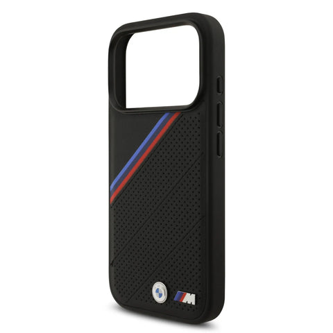 BMW, MagSafe PU Leather Case With Tricolor Slanted Stripes & Metal Logos, iPhone 17 Pro
