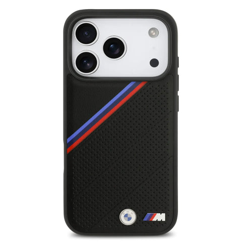 BMW, MagSafe PU Leather Case With Tricolor Slanted Stripes & Metal Logos, iPhone 17 Pro
