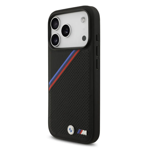 BMW, MagSafe PU Leather Case With Tricolor Slanted Stripes & Metal Logos, iPhone 17 Pro