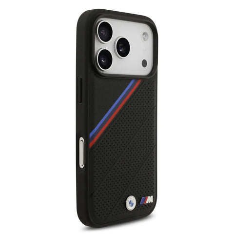 BMW, MagSafe PU Leather Case With Tricolor Slanted Stripes & Metal Logos, iPhone 17 Pro
