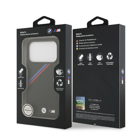 BMW, MagSafe PU Leather Case With Tricolor Slanted Stripes & Metal Logos, iPhone 17 Pro