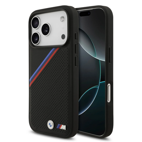 BMW, MagSafe PU Leather Case With Tricolor Slanted Stripes & Metal Logos, iPhone 17 Pro Max