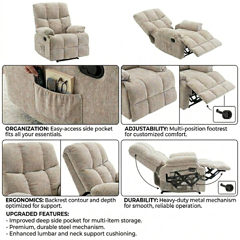 Lounge Recliner Sofa – Chenille Fabric (88 x 94 x 103 cm)