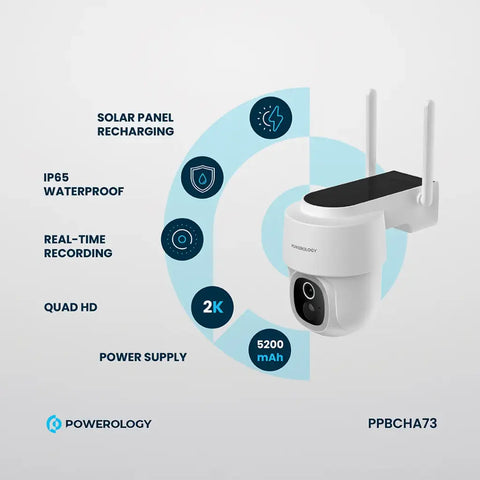 Powerology PPBCHA73, Built-In Solar Pan & Tilt Outdoor Camera - White