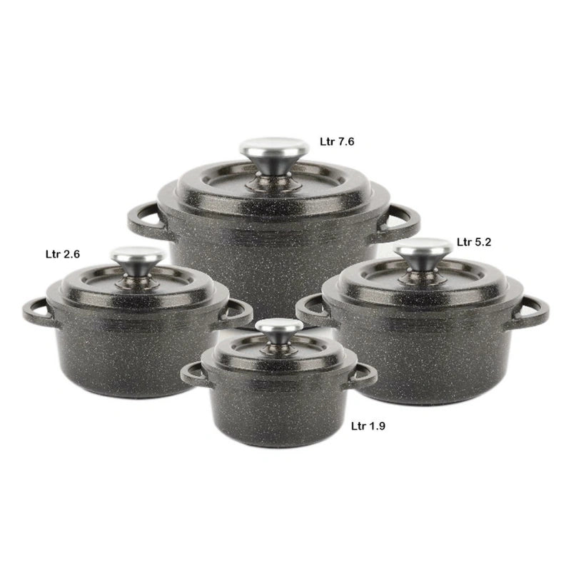 Core Ss22 Granite Cookware Collection Pots 8 Pcs Set 1.9 LTR + 2.6 LTR + 5.2 LTR + 7.6 LTR