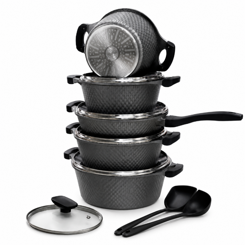 OSFE 12 PCS Aluminum Nonstick Granite Cookware Set (32, 28, 24, 20 cm Pots, 28 cm Pan with 2 Pcs of Utensil Tools) - Grey
